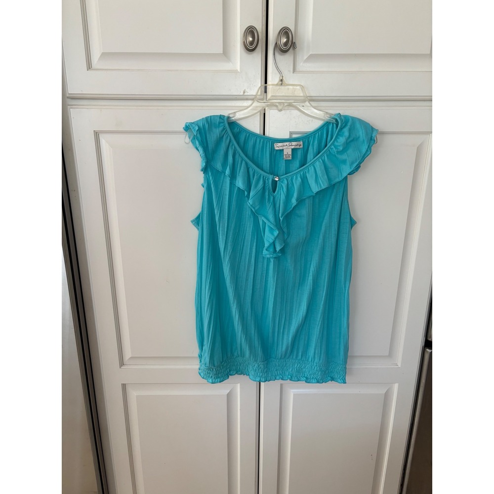 French Laundry Turquoise Ruffle Neck Pleated Blouse Smocked Hem Top Blue Large